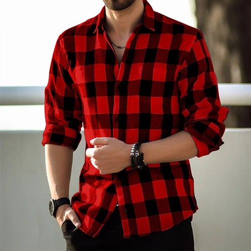 Men plaid shirt long - shirt,