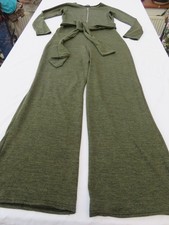 MISSGUIDED COSY KHAKI GREEN LONG SLEEVE WIDE LEG ZIP JUMPSUIT TIE WAIST UK 12