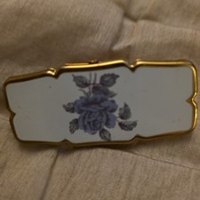 Rare Vtg Flip up Stratton Lipstick holder Mirror UK Gold Tone Blue Floral Enamel