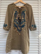 EAST Green Embroidered Dress XS / S Boho Sequin Khaki  Tunic Artisan Lined Gold