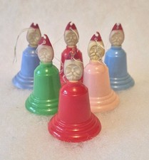 6 Vintage Plastic Santa Bells. Retro Father Christmas Tree Decoration 1960s Xmas