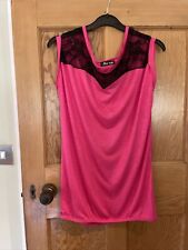 Cerise Pink Summer Top With Black Lace Flower Design.