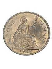 1937 GEORGE VI PENNY, BRITISH BRONZE COIN, UNC WITH MUCH LUSTER SUPERB QUALITY