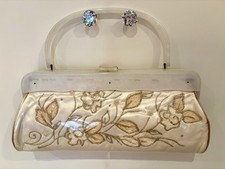 1950s plastic covered floral, beaded embroidered 1950’s bag with lucite handle