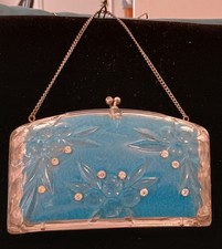 Vintage 1950s Clear Lucite Clutch Purse w/ Molded Fruit & Rhinestones Blue Liner