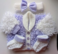  Hand Knitted Lilac & White Baby Loopy Cardigan, Headband  & Socks  0-3 Mths ?