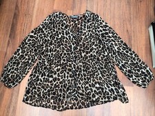 Women’s Primark Sheer Leopard Print V Neck Tunic Blouse Top Frill Size 16