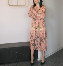 ZARA Salmon Pink Satin Oriental Heron Print Midi Shift Dress Size M 10 12