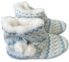 Tu Size 5 - 6 Fair Isle Knitted Pom Pom Slipper Boots Blue Silver Bnwt