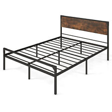 Queen Size Industrial Slatted Bed Frame Metal Platform Bed with Headboard