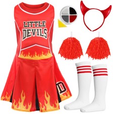 GIRLS DEVIL HALLOWEEN COSTUME CHEERLEADER AND ACCESSORY SET FANCY DRESS UK