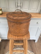 Antique Victorian Brown Metal Oval Hat Box with Hasp & Clasp
