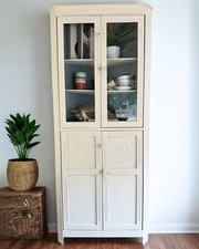 Charming Vintage Rustic Painted Half Glazed Corner Cabinet In Cream & Blue