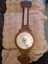 Antique Carved Oak Banjo Aneroid Barometer With Thermometer c.1900 Victorian