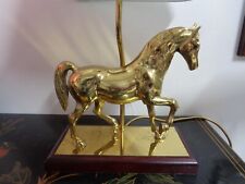 Brass Horse Table Lamp with Shade - Wooden Base - PAT Tested