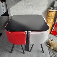 retro 90cm square black dining table with 4 chairs 2 red 2off white  metal frame
