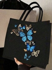 Black Linen Tote Bag With Blue
