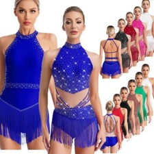 UK Womens Tassel Latin Dance Leotard Cut Out Strappy Sleeveless Open Back Dress