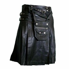 Genuine Real Cow Leather Scotish Kilt Pleated LGBTQ Flat Front Twin Cargo Pocket