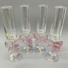 Champagne Flutes Glasses Pink Bow Cocktail Barware Home Bar Cart Pastel Set of 4