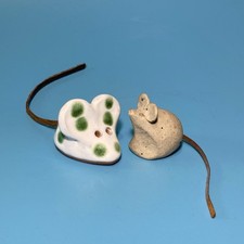 Two Vintage Miniature Pottery Mice With Leather Tails