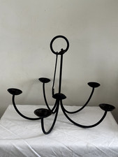 Large Antique French Rustic Black Wrought Iron 6-Prong Hanging Chandelier