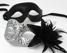 HIS N HERS PAIR COUPLES SILVER AND  BLACK VENETIAN MASQUERADE PARTY  EYE MASKS