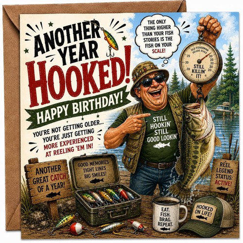 Fishing birthday card - fishing, brew