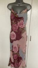 Pearce Fionda Pink Rose Print Dress Silk Cowl Y2K Bias Midi Slip Vintage Sz 14