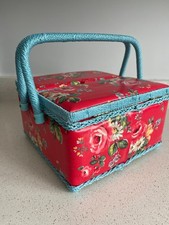 Cath Kidston Vintage Red & Blue Floral Double Handle Sewing Basket + Pin Cushion