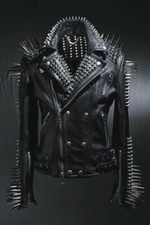MENS HALLOWEN LONG SPIKED SILVER STUDDED ROCKER PUNK STYLE BLACK LEATHER JACKET