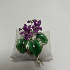 Vintage Exquisite Violet Brooch, 1950s Birthday Series, enamel flower, signed