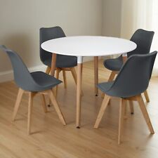 REBOXED Circular Dining Table Set 4 Kitchen Chairs White Solid Beech Wood Grey