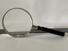 Rare Unusual Vintage Magnifying Glass Lens Black Handle Chrome Frame Retro Stamp