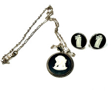 Antique Wedgwood Black Basalt Cameo Necklace Earrings Set