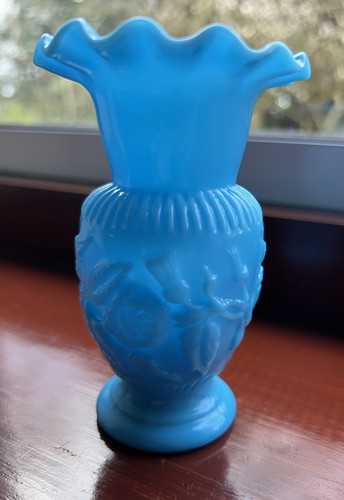 Antique blue milk glass - glass, vase