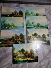 vintage set 8 place mats cork backed country scene theme 
