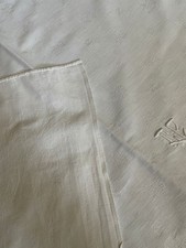 Vintage  large  Damask Cotton White Tablecloth 61 x 84in Antique French monogram