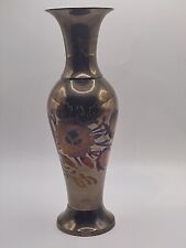Luxurious Indian Brass Vase With Hand Engraved And Painted Flowers 20 Cm Tall