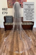 Twilight Designs 2 Tier Cathedral Veil Ivory Lace Diamanté Pearl Detail