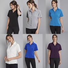 Ladies Womans Short Sleeve Shirt Black Blouse Crepe de Chine Smart Office Work