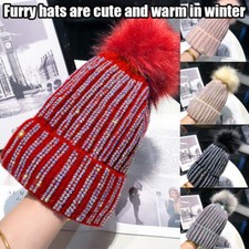 Lady Knitted Beanie Hat Diamond Faux Fur Pom Pom Bobble Hat Winter Warm Fashion~
