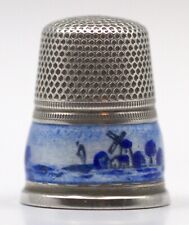 Antique 935 Silver Sewing Thimble BLUE ENAMEL Delft Dutch Windmill Scene