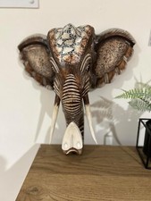 Handcrafted Wooden Elephant Head Wall Decor, 40cm x 38cm x 14cm, Brown & Beige