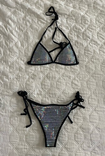 Shiny silver and black bikini - silver,