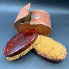 Two Brush Set Faux Tortoise & Hide Case Clothes Hair Bristle Brushes Retro Kit