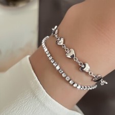 Double Layer  Full Stone Heart Bracelet 925 Sterling Silver Women Girls Gift UK