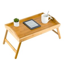 Foldable Bamboo Lap Tray Bed Table with Carrying Handle & Stable Folding Legs