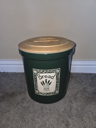 Vintage green bread bin crock - bin,