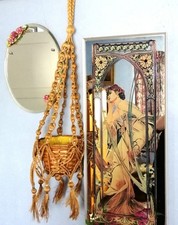 Vintage 1960s-70s Bohemian Macrame Plant Hanger With A Wicker Planter